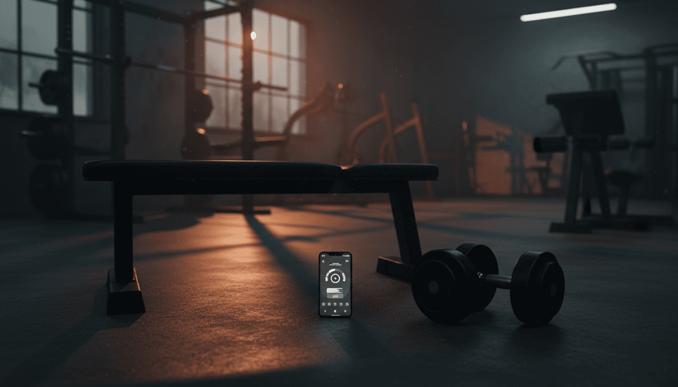 Smartphone displaying a workout app on a gym floor beside dumbbells