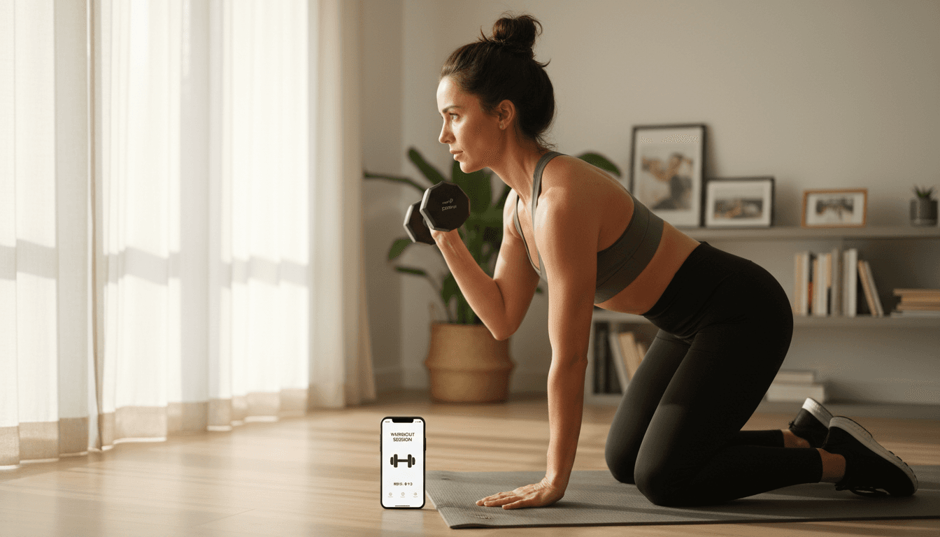 Person doing a dumbbell exercise at home with a smartphone showing fitness tracking