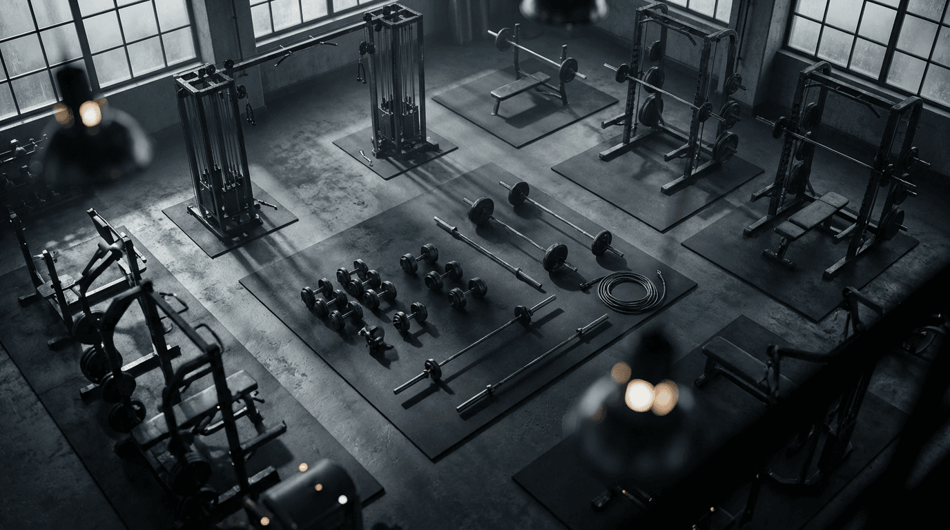 Athlete training with intensity in a dark gym, focused on the workout