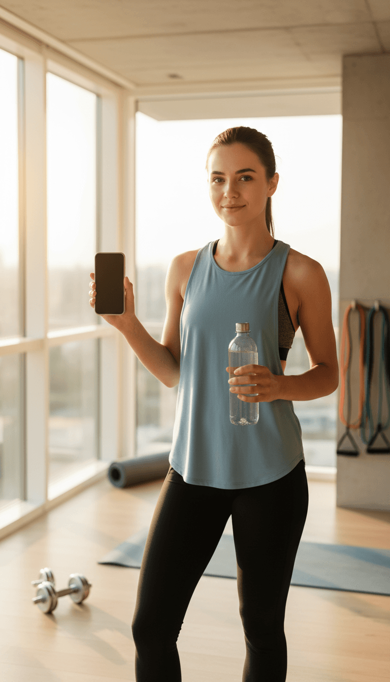Runner on a treadmill with a phone mounted showing performance tracking