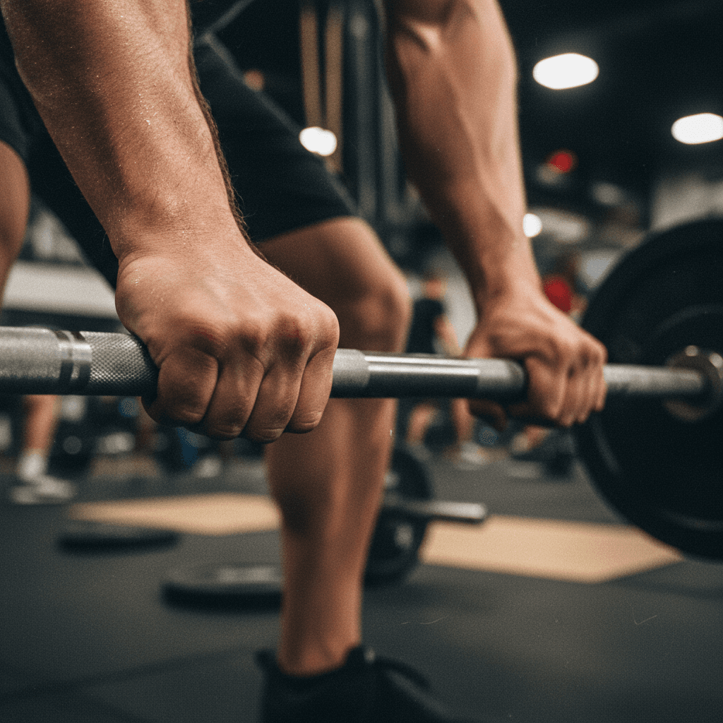 Athlete gripping a barbell in a dark gym, ready to begin a training session