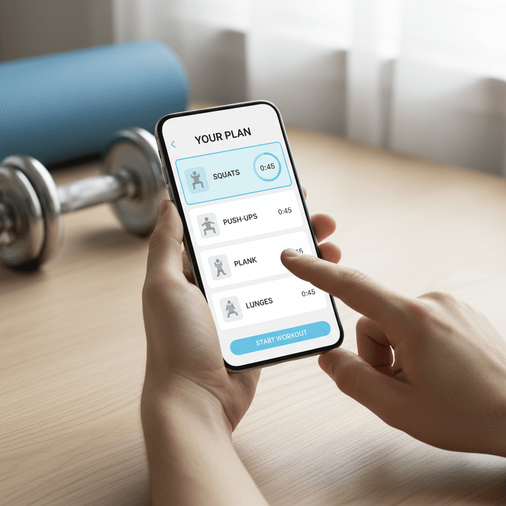 Phone screen showing a workout plan with exercise suggestions