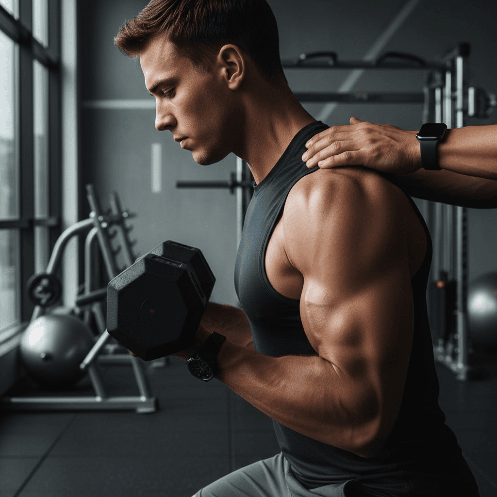 Athlete lifting dumbbells during a personalized workout session