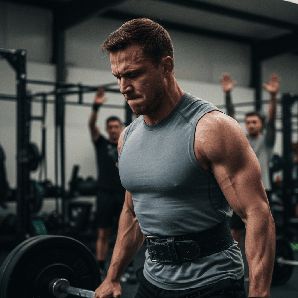Athlete performing a deadlift while following a session on a phone