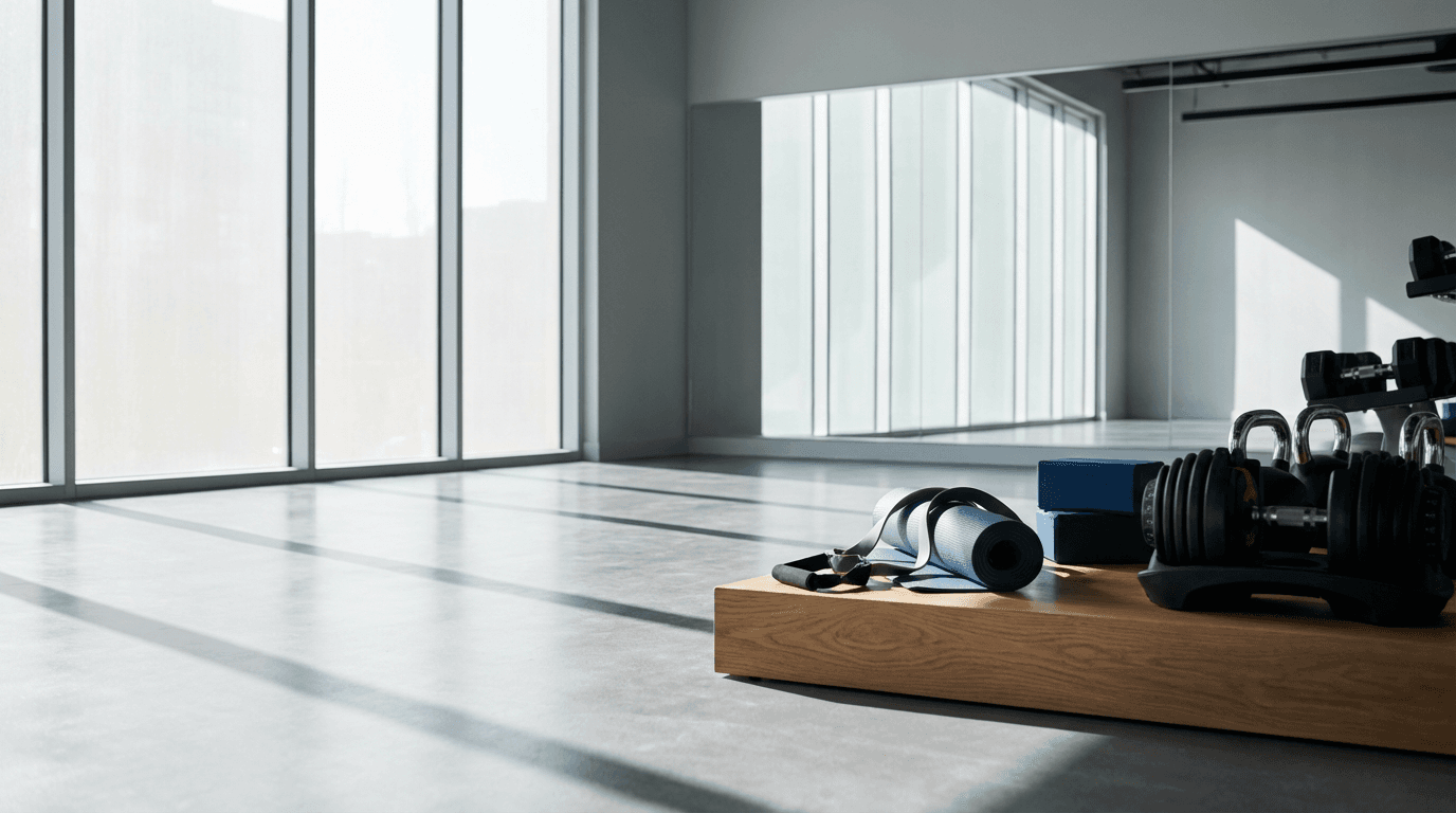 Minimalist gym interior with soft natural light and a phone showing a fitness app
